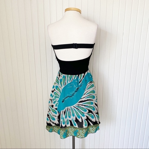 Tricia Fix Black Teal Peacock Strapless Sundress Size Small - Picture 8 of 13